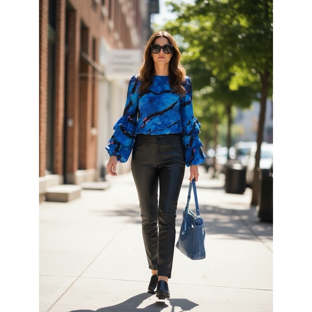 Kate Hewko Women's S/M Dramatic Ruffled Tiered Bell Sleeve Blouse Blue